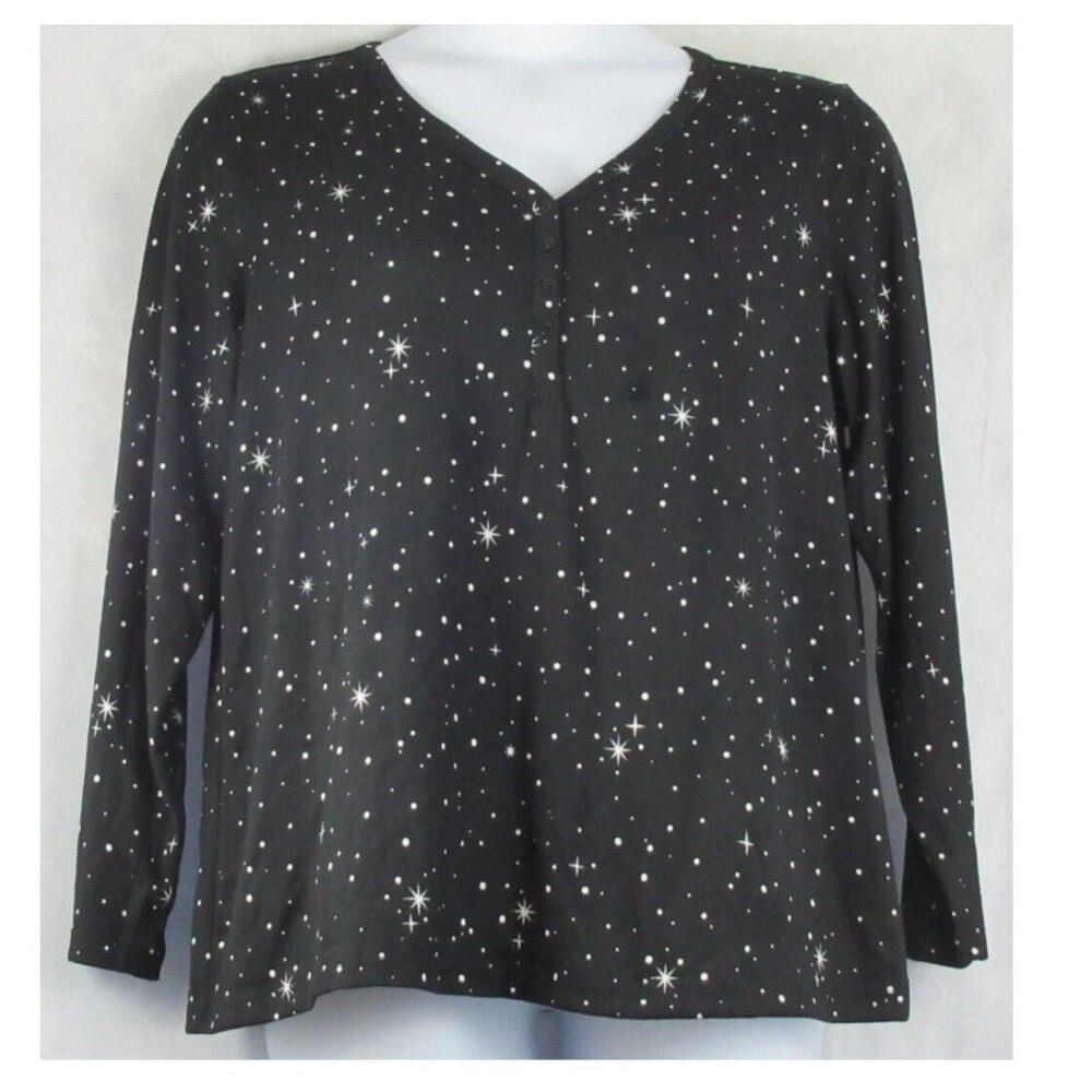 Charter Club Women's Soft Knit Henley Pajama Top, Black Night Sky, XL